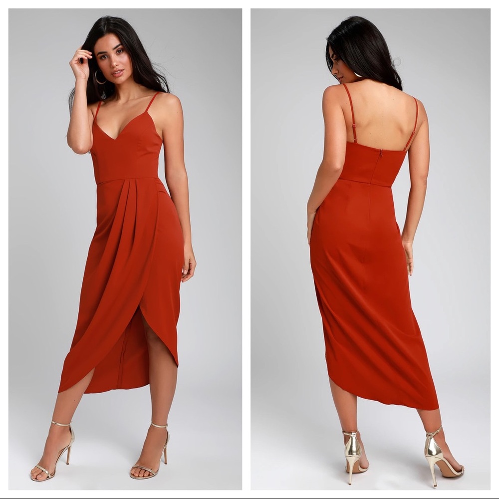 NWOT Lulus Reinette Rust Red Midi Dress - Picture 3 of 15